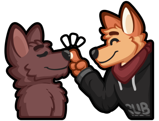 Side view of Luhrak booping a contempt looking wolf on the nose.