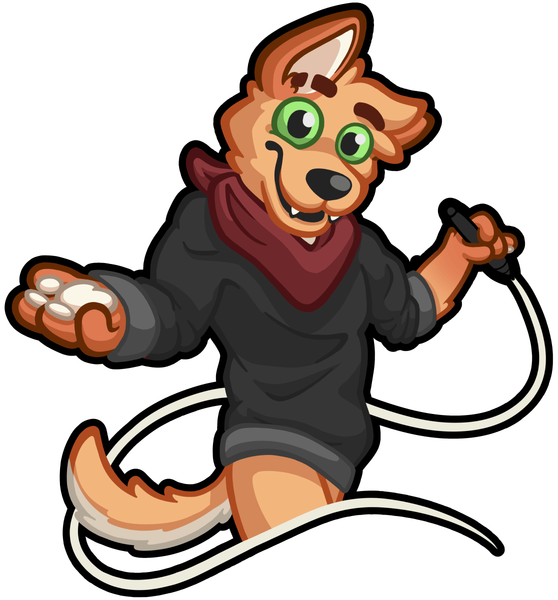 Luhrak the orange art dog with green eyes, black hoodie and red hankerchief is holding out a paw towards the viewer while also smiling at them. In his other paw he holds a pen and a playful line trails off it.