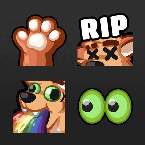Four emotes: luhs paw, RIP smashing on luhs head, luh vomiting a rainbow and green eyes looking to the left