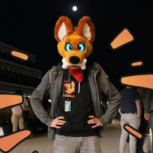Picture of Luhrak standing outside with fursuit head on and hand on his hips. His eyes are glowing and the moon is centered between his ears.