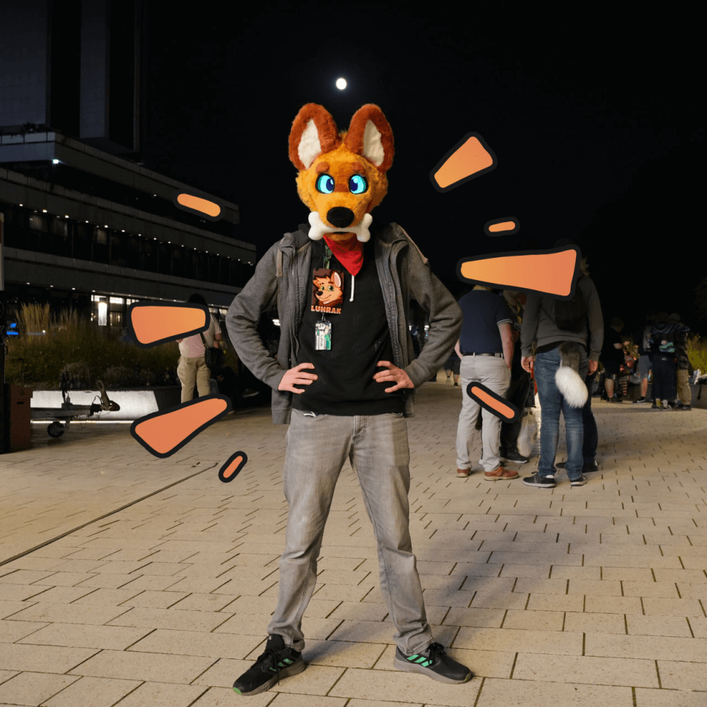 Picture of Luhrak standing outside with fursuit head on and hand on his hips. His eyes are glowing and the moon is centered between his ears.