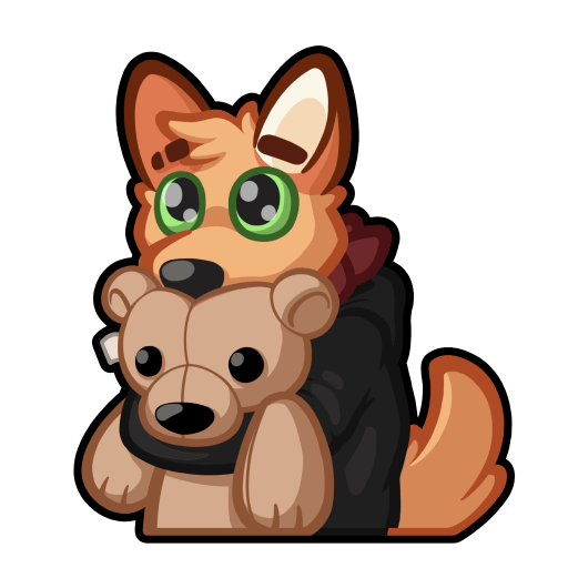 Luhrak sticker hugging a bear plushy looking with puppy eyes