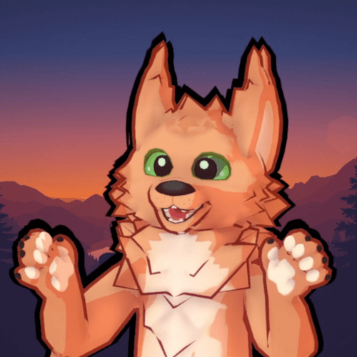 Luhraks Vtuber avatar looking happy and arms raised.The backgroun dis a purple mountain sunset